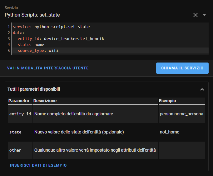 Impostare lo stato di un'entità in Home Assistant tramite Strumenti per sviluppatori -> Servizi