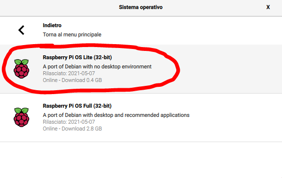 Raspberry Pi Imager - selezione Raspberry Pi OS Lite