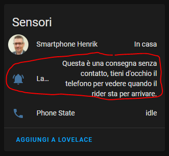 Sensore ultimo_messaggio che riceverà le notifiche di Deliveroo, Glovo, JustEat in Home Assistant