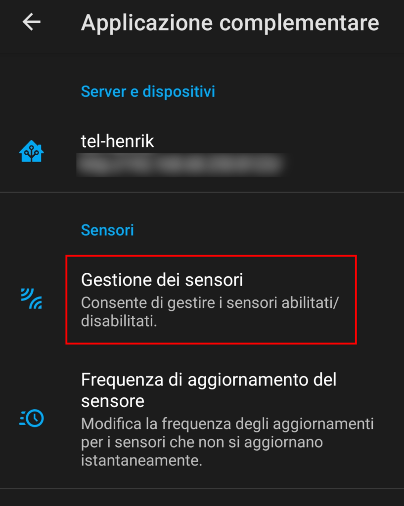 Gestione dei sensori nelle impostazioni dell'app Companion di Home Assistant