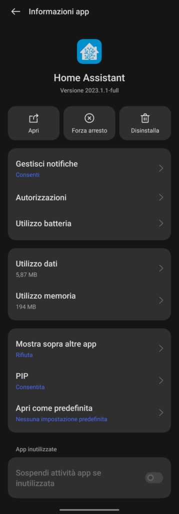 Impostazioni dell'app Home Assistant in Android