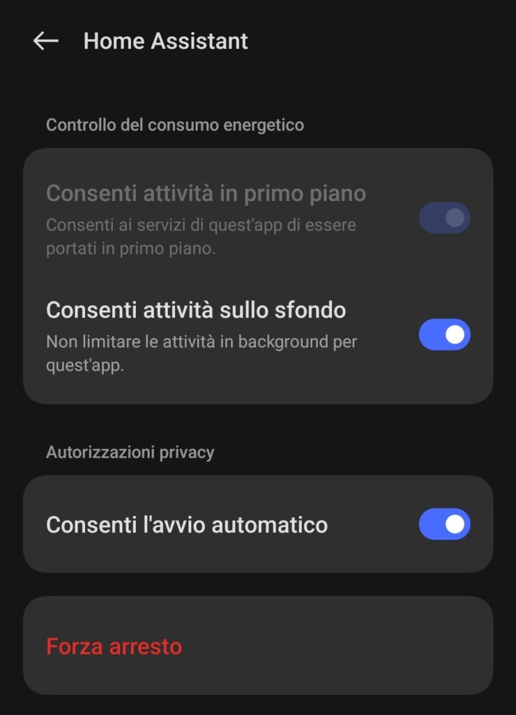 Impostazioni batteria dell'app Home Assistant su Android