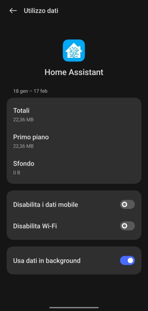 Impostazioni utilizzo dati dell'app Home Assistant su Android