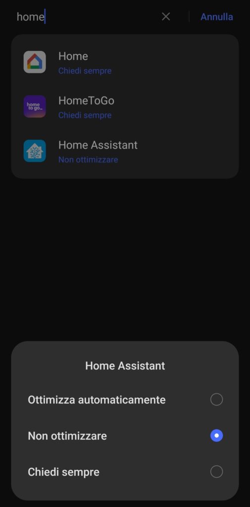 Disattivazione dell'ottimizzazione batteria dell'app Home Assistant su Android