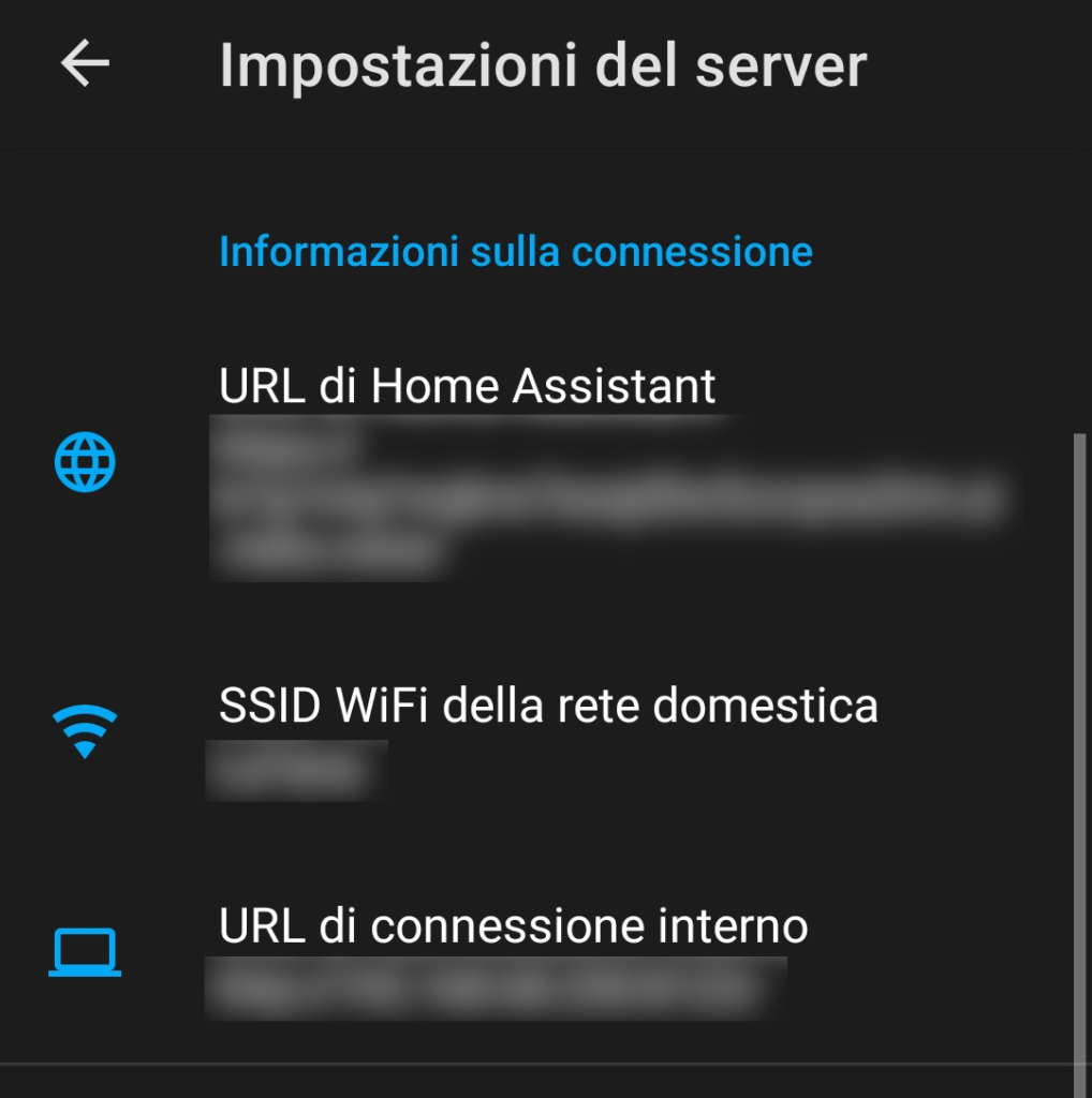 Indirizzi di connessione della configurazione di Home Assistant