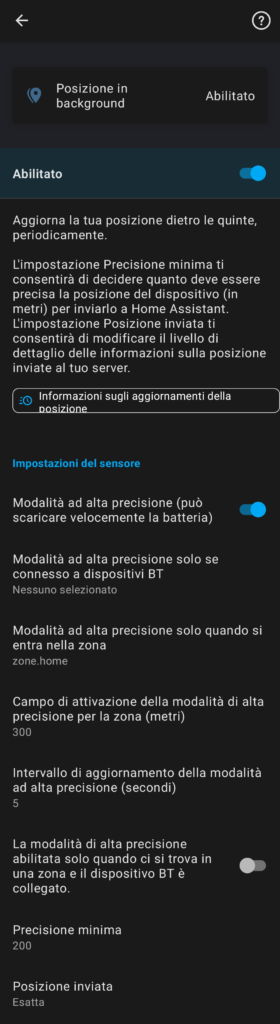 Configurazione sensore "Posizione in background" dell'app Home Assistant